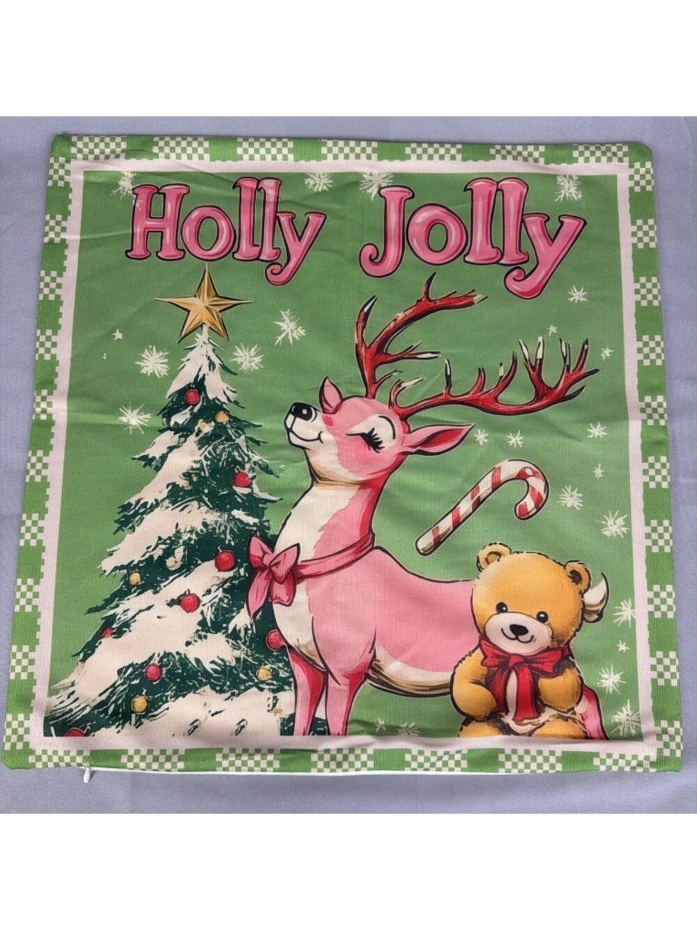 Christmas Pillow COVER 17.5" Retro Kitchy Riendeer Teddy Bear Vintage Repro